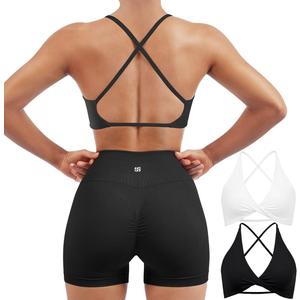 SUUKSESS Women 2 Piece Open Back Strappy Sports Bra Pack Twist V Neck Workout Crops (Small, #2 White & Black)