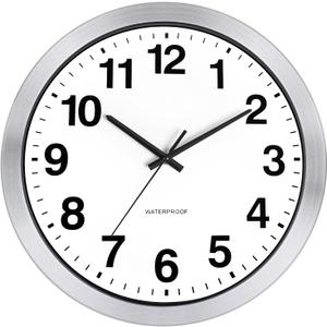 Caysie 16 Inch Sealed Indoor Outdoor Clocks Waterproof, Silent Battery Operated Quartz Metal Wall Clock for Patio Pool Bathroom Home (Silver)