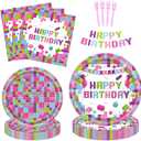 Block Pattern Party Supplies Tableware Set for 24 Guests  97 Pcs with Plates, Forks, Napkins and Banner  Disposable Party Dinnerware for Adult Birthdays