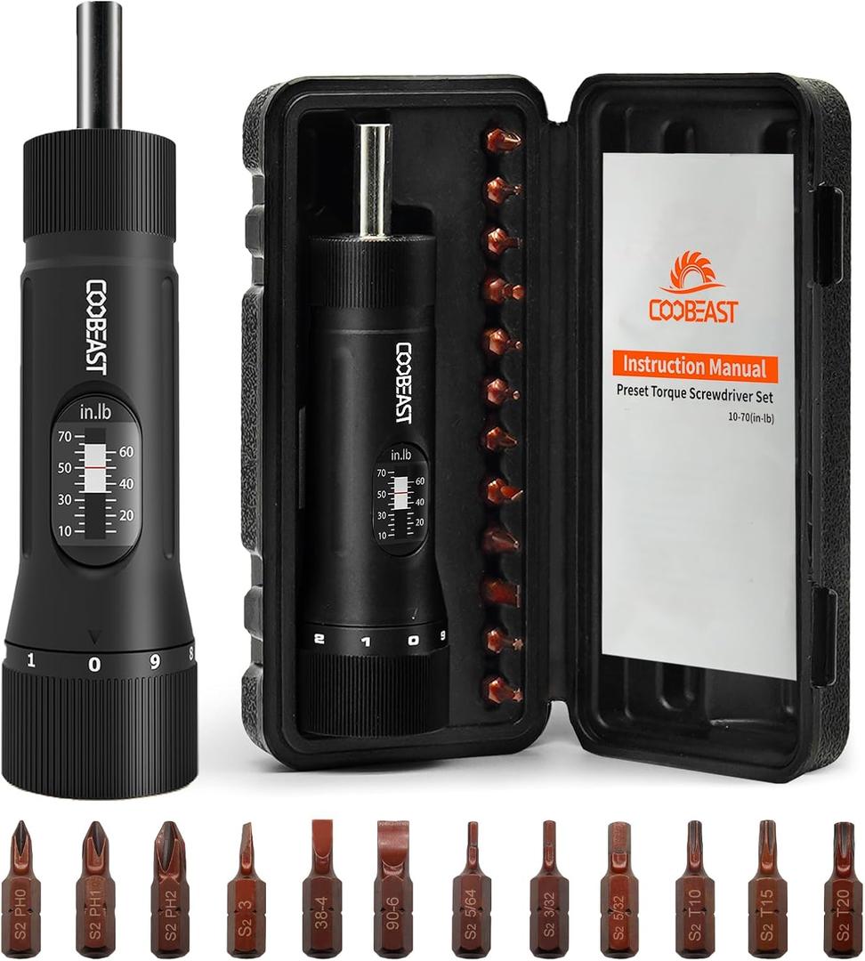 13Pcs Preset Torque Screwdriver with S2 Bits, 1/4 Drive Torque Wrench Screwdriver Set for Maintenance, Tools, Bike Repairing and Mounting, Inch Pound Torque Range 10-70 In-lb