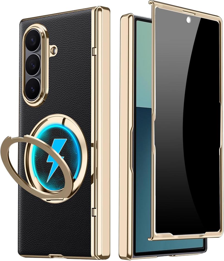 for Samsung Galaxy Z Fold 7 Leather Case with Ring Stand, Z Fold 7 Magnetic Case Compatible Magsafe Accessories Privacy Screen Protector Hinge Cover Anti-spy Phone Case for Z Fold 7 Black