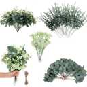 Kusamue 200 Pcs 4 Kinds Artificial Eucalyptus Stems, Mixed Faux Greenery Stems Fake Silver Dollar Eucalyptus Leaves Stems Bulk Babys Breath for DIY Bouquet Centerpieces