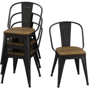 18 Inch Dining Chairs Set of 4, Farmhouse Metal Chairs with High Back and Wooden Seat, Stackable Industrial Bar stools for Dining Room(Black)