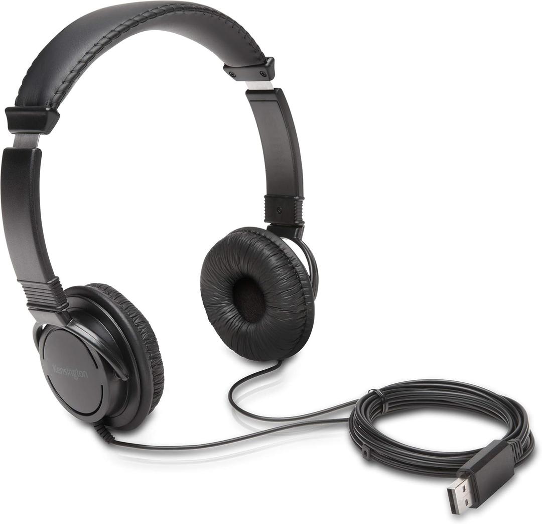 Kensington USB-A Hi-Fi Headphones, On-Ear Headset, 6ft Cord, for Kids, for Adults, for School, Padded Adjustable Headband (K97600WW), Black