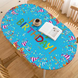 Horaldaily Regular Fitted Tablecloth 68 x 48 Inch Oval, Colorful Happy Birthday Gifts Blue Washable Table Cover Elastic Edged for Dinning, Picnic, Camping, Banquet