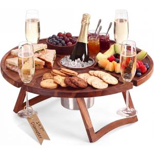 Geetery Portable Wine Picnic Table 19.7 x 19.7 Inches Large Folding Wooden Picnic Table with Glass Holder Removable Center Tray Stainless Steel Cup for Beach Camping Outdoor Parties Wine Lovers Gifts, 19.7 x 19.7 x 7.8 inches
