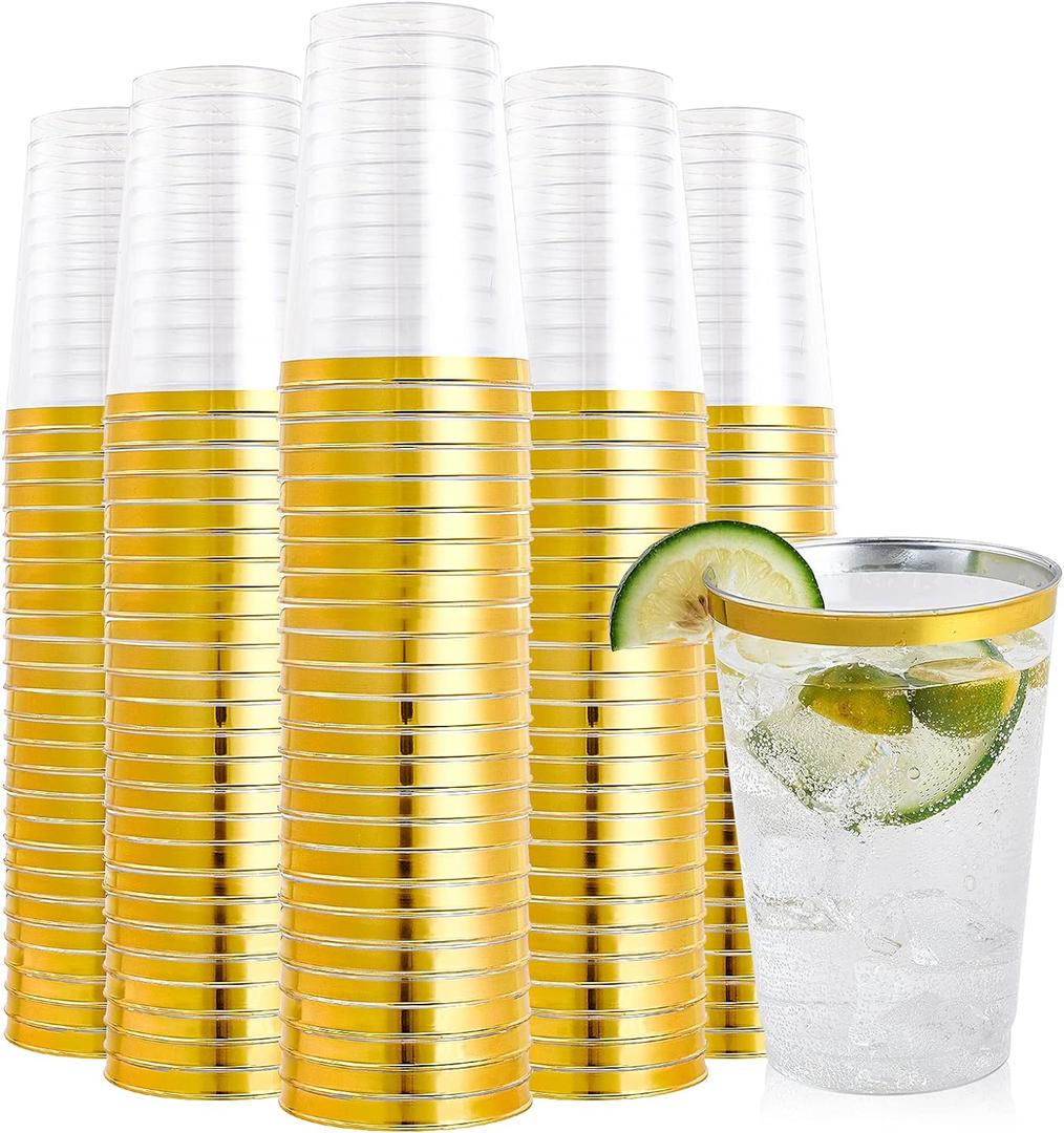 FOCUSLINE 200 Pack 12 oz Gold Rimmed Plastic Cups, Clear Plastic Cups Tumblers, Heavy-duty & Fancy Disposable Hard Cup 12 Ounce with Gold Rim for Wedding Cup Elegant Party Cups, 200 Count