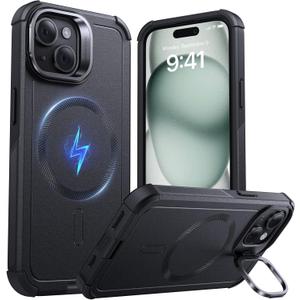 ESR for iPhone 15 Case with Stand, 23 ft Military-Grade Drop Protection Heavy Duty Magnetic Phone Case, Compatible with MagSafe Accessories, Cyber Series, Black