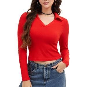 WXXYCS Womens V Neck Long Sleeve Polo Shirts Slim Fitted Collared Business Casual Tops Basic T Shirts Fall Shirt, Size XL