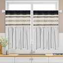 FRAMICS Farmhouse Linen Kitchen Curtains 36 Inch Length Black Striped Short Curtain for Windows Boho Crochet Small Window Curtains for Kitchen Rod Pocket Tier Curtain for Bathroom, Cafe, 2 Panels