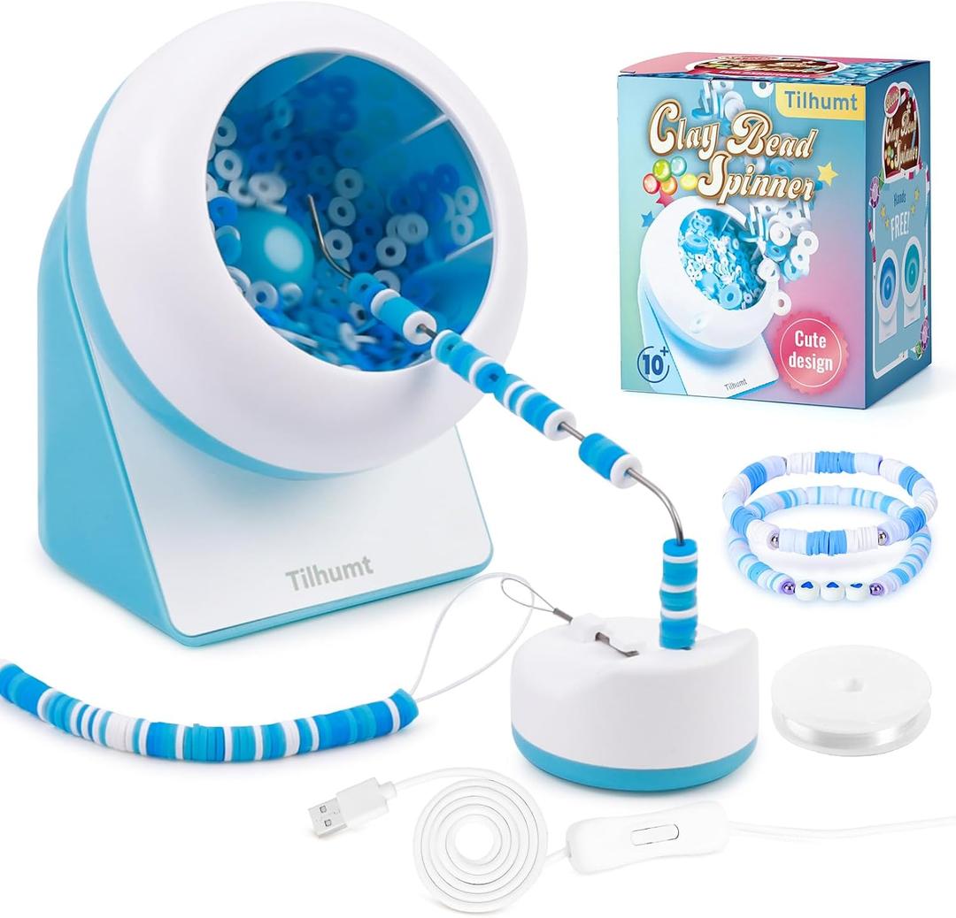 Tilhumt Clay Bead Spinner, Electric Bead Spinner for Jewelry Making, Friendship Bracelets Maker with Needle and Elastic String, Blue (Beads Not Included)