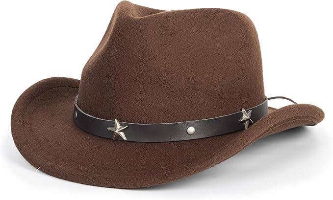 Kids Wide-Brim Cowboy-Hat 2-7 Years - Wide-Brim Felt-Fedora Cowgirl-Hat (Brown-five Star)