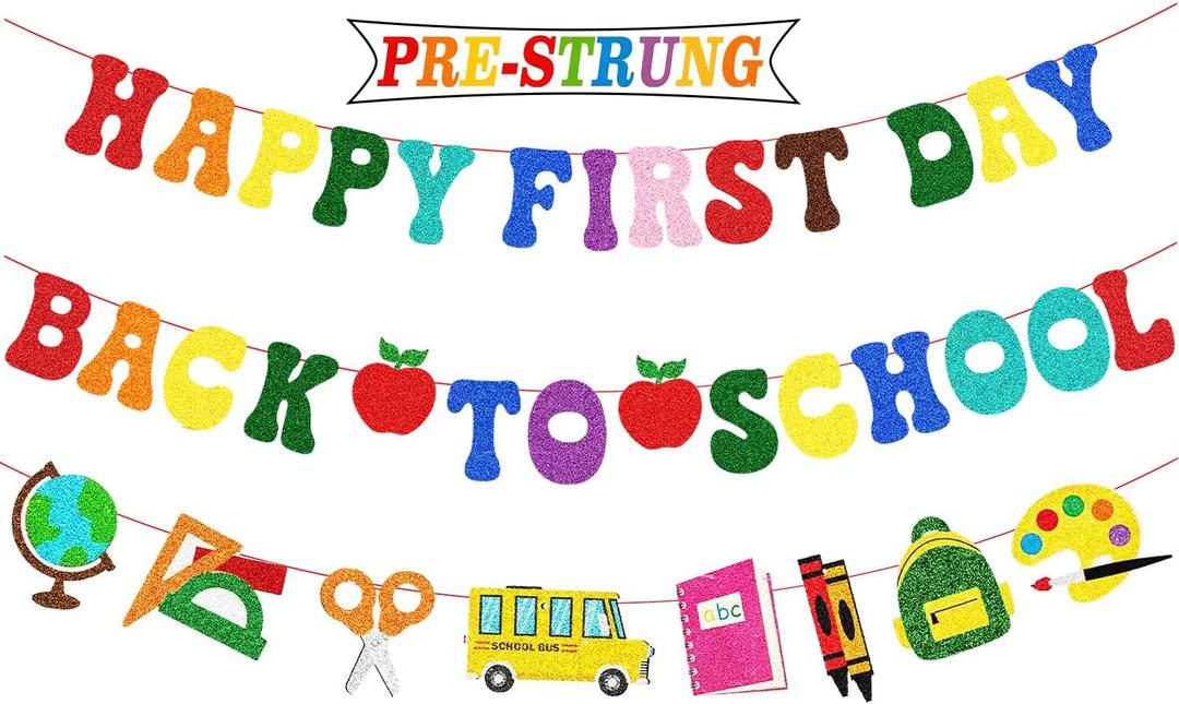 3 x Welcome Back to School Decorations, Happy First Day Banner for Classroom | Pre Strung, No Glitter Mess, No Tangled, 350G Cardstock, 9.8FT/3M String, Ideal for School Home Party Home Bulletin Board