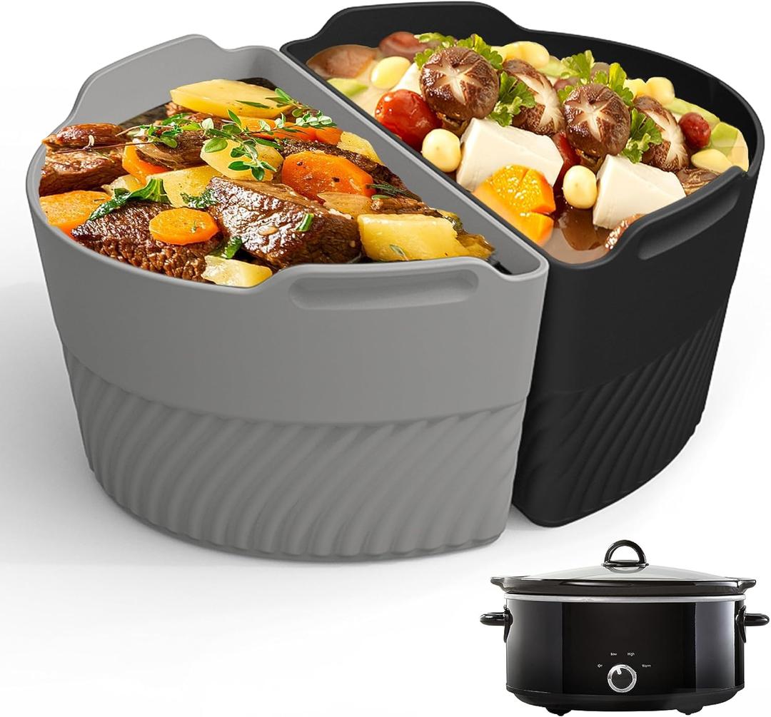 Silicone Slow Cooker Liners Compatible With Crock Pot 6-8 QT,Slow Cooker Divider Allows Cooking Two Different Meals At Once Time, Reusable Silicone Divider Insert, Dishwasher Safe, BPA Free. (Black gray)