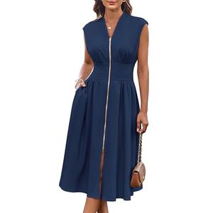 GRACE KARIN Sleeveless Dress for Women V Neck Cap Sleeve Smocked High Waist Flowy Work Dress with Zipper Navy Blue XL