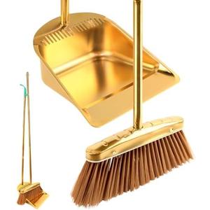 Gold Stainless Steel Broom and Dustpan Set, 2-Piece Long Handle Standing Pan with Comb Teeth, Heavy Duty Windproof Upright Design for Home, Kitchen, Indoor Outdoor Use