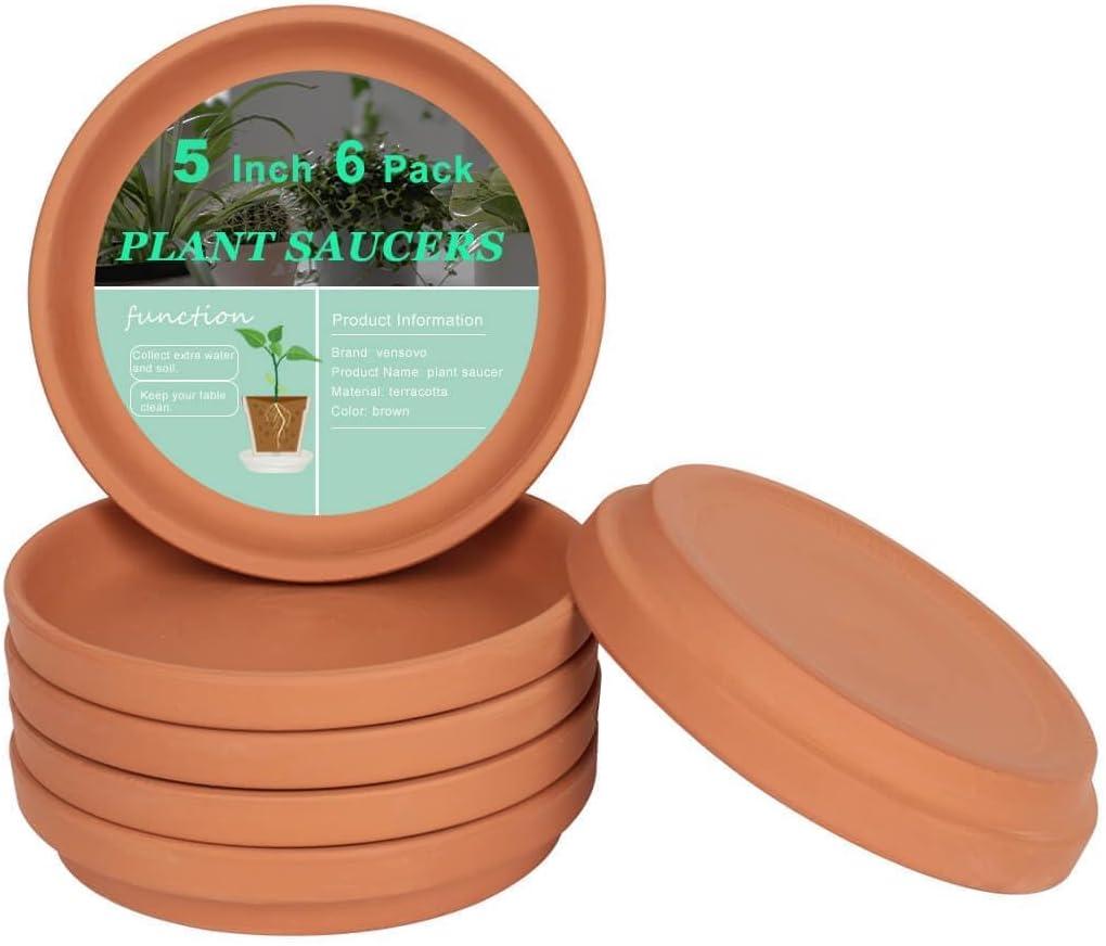 vensovo 5 Inch Terracotta Plant Saucer Pots Tray - 6 Pcs Round Planter Saucers for Indoor & Outdoor Plants, Small Clay Trays Perfect for 4 Inch 4.5 Inch 5 Inch Flower Pot (Brown)
