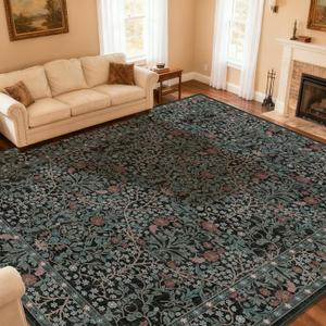 Extra Large 10x14 Area Rug for Living Room, Washable Rugs for Dining Room, Bedroom, Non Slip Stain Resistant Carpet, Low Pile Vintage Floral Rug (Dark Green)