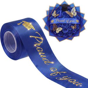 Breling 2026 Graduation Ribbon 2 Inch x 10 Yards Glitter Congrats Bouquet Satin Ribbon for Graduation of 2026 Gift Wrapping Grad Party Decoration Flower (Proud of You,Blue)