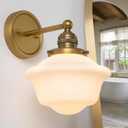 Gold Wall Sconce, Vintage Bathroom Vanity Light, Modern Frosted Milk Glass Sconces Brass Wall Lights for Living Room Bedroom Kitchen Hallway Stairway E26 Hardwire Indoor (1 Light Gyro)