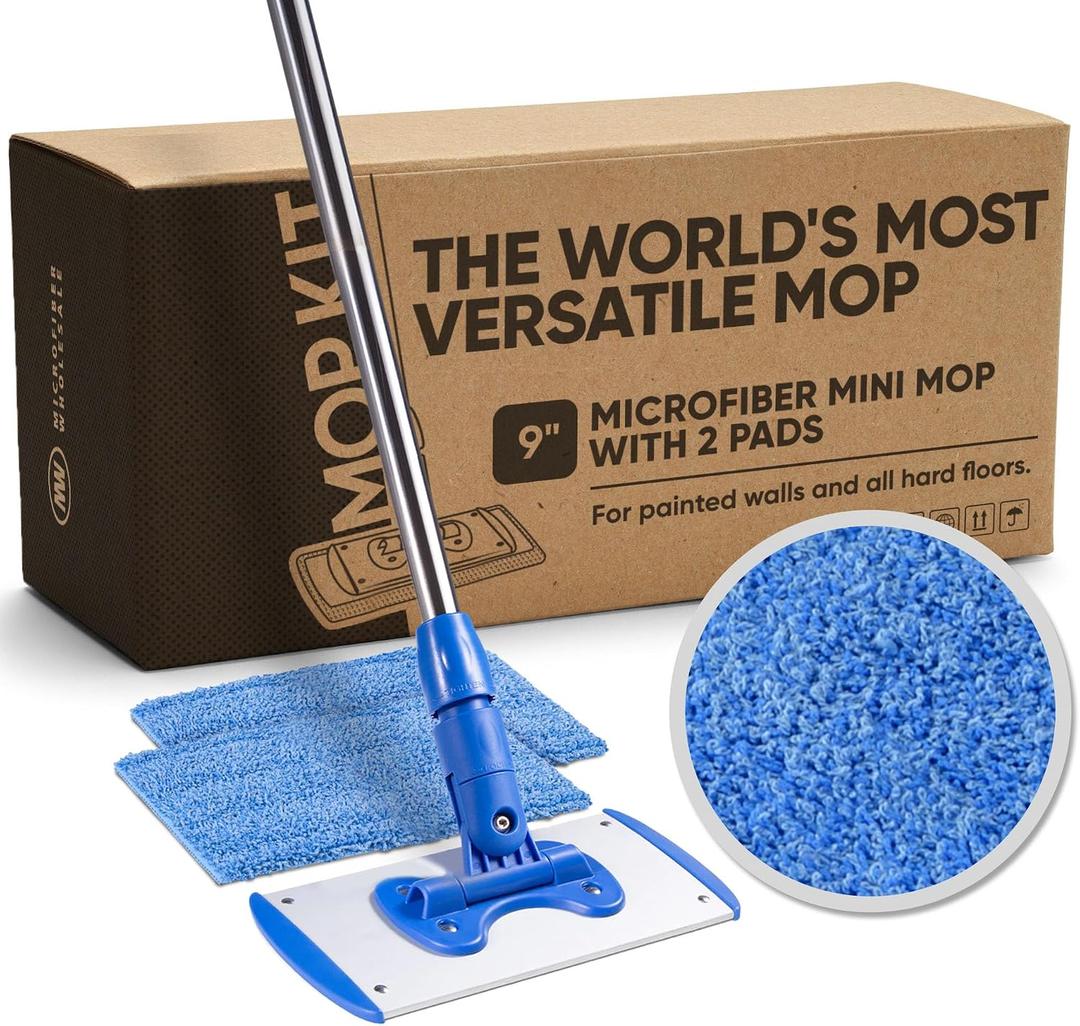 9" Flexible Mini Microfiber Mop System | Adjustable Stainless Steel Handle | 2 Reusable Microfiber Mop Pads | Machine Washable | Wet Mop for Hardwood, Laminate, Concrete, Tile, Stone, Vinyl Floors