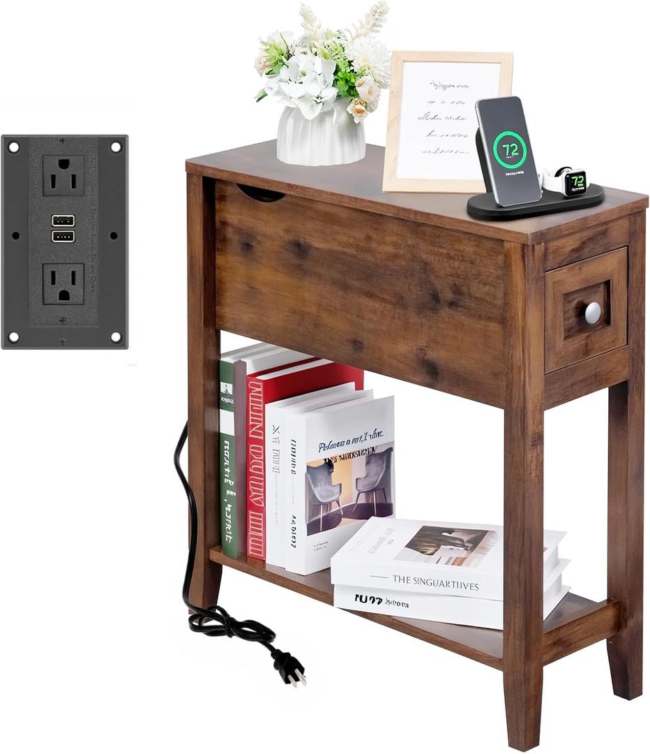 Chairside Table with Charger,Cherry End Table with Movable Top and Charging Station, Narrow Side Table with Storage Cabinet and USB, Sofa Table for Living Room Bedroom, 24" x 8.5" x 24"