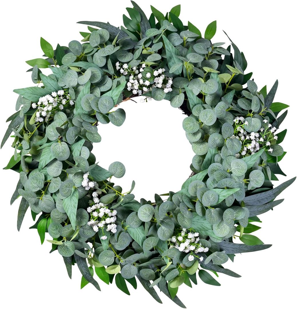 Eucalyptus Wreath for Front Door All Seasons, 20-22" Spring Summer Silk Greenery Wreath for Porch Wall, Artificial Farmhouse Home Decor For Indoor Outdoor