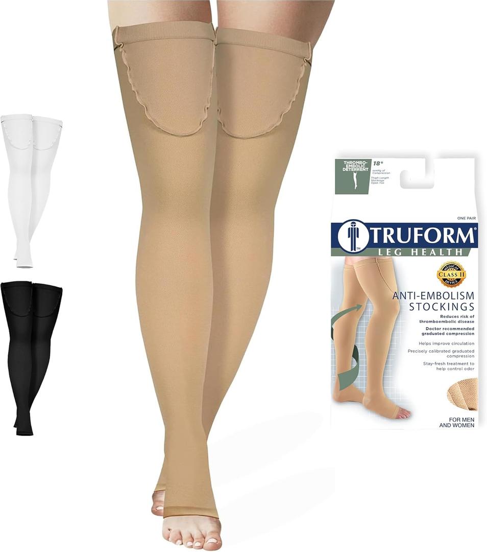 Truform Anti Embolism Stockings, Thigh High Post Surgery Recovery Hospital Style, 18 mmHg Compression for Men and Women, Full Length Ted Hose, Open Toe, Beige, X-Large