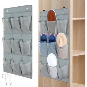 2 Pack 18 Pocket Wall Hanging Shoe Rack for Closet RV Shoe Storage with 8 Hooks over the Door Shoes Holder Organizer for Bathroom, RV, Pantry, Camping(Gray) (Grey)