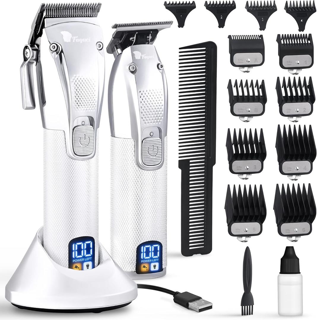 Fagaci Professional Hair Clippers for Men Set Turbo Power with Precise Cutting, Barber Clippers for Hair Cutting, Cordless Hair Clippers and Trimmers Set, Maquina de Cortar Cabello, Haircut Barber Kit (Silver)