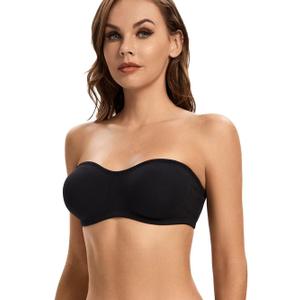ANGOOL Strapless Bra for Women Padded Non-Slip Silicone Bandeau Bra Seamless Comfortable Wirefree Tube Top Bralette (Black, Small)