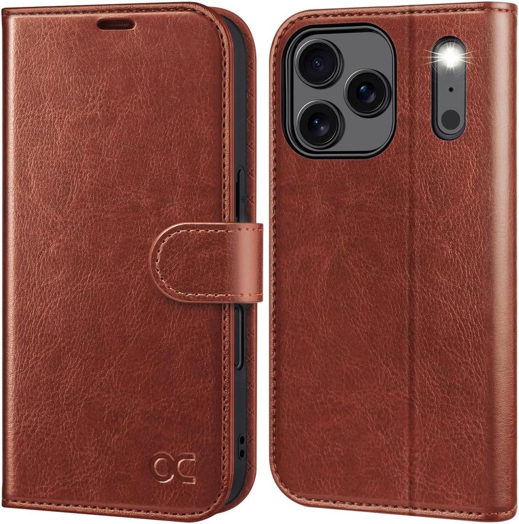 OCASE Compatible with iPhone 17 Pro Wallet Case, PU Leather Flip Folio Case with Card Holders RFID Blocking Kickstand [Shockproof TPU Inner Shell] Phone Cover 6.3 Inch 2025, Dark Brown