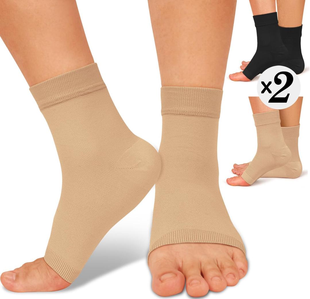ACTINPUT 2 Pack Ankle Brace Compression Sleeve 8-15 mmHg Open Toe ompression Socks Women&Men for Swelling,Plantar Fasciitis,Sprain Black/Beige S/M