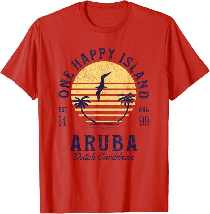 One Happy Island Aruba Shirt Retro Sunset Palm Ocean Vintage T-Shirt (Small, Red)