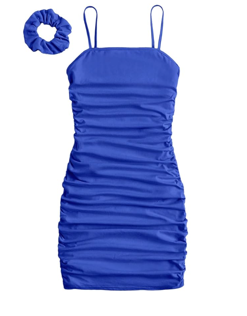 SOLY HUX Girl's Summer Spaghetti Strap Ruched Sleeveless Short Bodycon Dress with Hair Scrunchies , Size For 14 Years Old