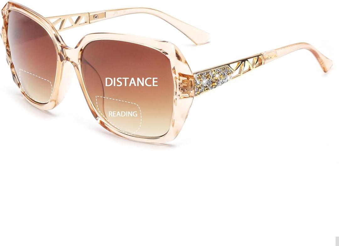 JM Bifocal Reading Sunglasses for Women Fashion Oversized Square Sun Readers Outdoor Reading Glasses UV400 Protection Brown +2.0
