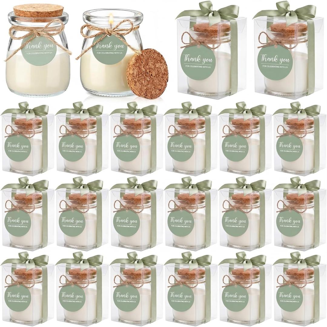 MTLEE 20 Sets Wedding Candle for Guests Sage Green Thank You Candles Gift Bulk Glass Jars Scented Soy Wax with Clear Gift Box for Sage Green Bridal Shower Housewarming Party Favors
