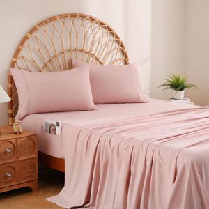JSD Dusty Pink Full Sheet Set with Side Pocket Corner Straps, 4 Piece Soft Microfiber Bed Sheets Extra Deep Pocket