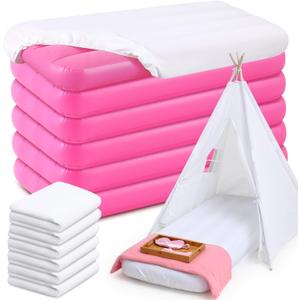 Windyun 6 Sets Kids Air Mattress Bulk with Fitted Sheet, Toddler Inflatable Bed 63 x 27 x 8 Inches Blow up Airbed Camping Sleeping Pad for Aged 3-10 Birthdays Slumber Sleepover Party (White)