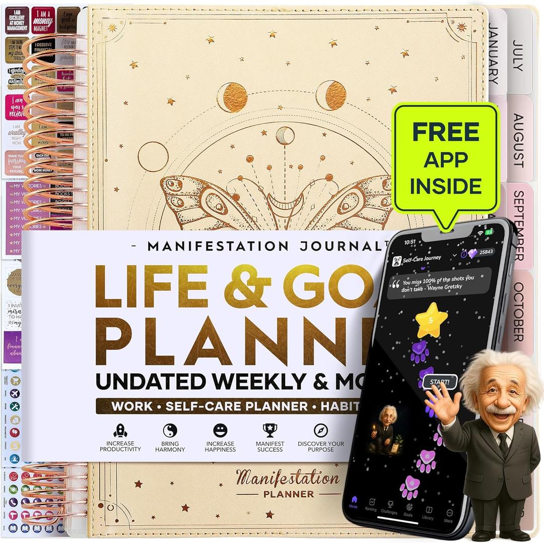 Manifestation Journal  Hourly, Weekly & Monthly Planner | 12-Month to Increase Productivity, Life Organizer & Goal Planner | Spiral Journal, Habit Tracker, Foldable Vision Board, Gift Box & Stickers (B5 (NON-DATED) 10.1" x 7.2", Vanilla)