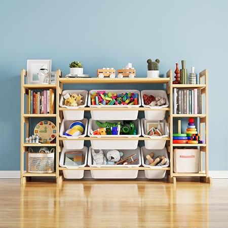 SpaceAid Large Toy Storage Organizer 9 Shelves 9 Bins, Toy Organizers Storage Bookshelf, Kids Bin Shelf Toys Box Bookcase for Bedroom Playroom Organization Room Decor, White, 52.3"W x 13.6"D 31.5"H