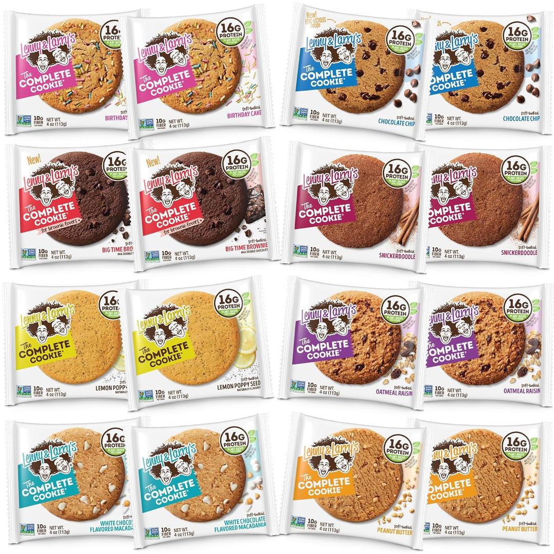 Lenny & Larry's Complete Protein Cookie, [8 Flavor Variety], Chewy Soft Baked, 16g Plant Protein, Vegan, Non-GMO, High Fiber, 4 Ounce Cookie (Pack of 16) (EXP 10/06/26)