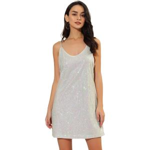 Allegra K Women's Glitter Sequin Dress Spaghetti Strap V Neck Party Cocktail Sparkly Mini Dress Clubwear M