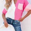Dokotoo Womens Casual V Neck Short Sleeve Shirts Color Block Back Button Down Blouses Tops (Pink, L)