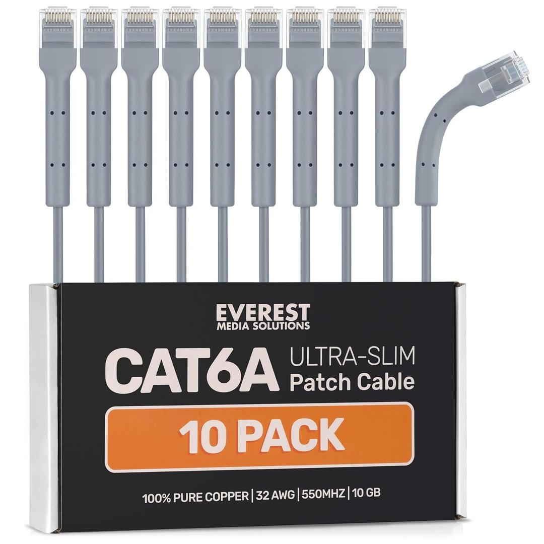 Everest Ultra Slim Cat6a Ethernet Patch Cables 1ft (10-Pack) Gray - 10GB Cat 6a Patch Cable - Bendable, Flexible & Thin Ethernet Cable - Space Saving 32AWG 550MHZ Cat6a Cables - 100% Copper Wires (Grey)