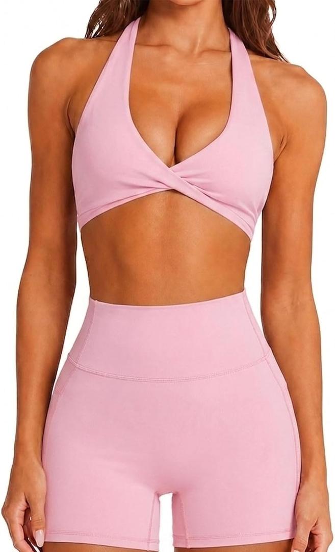 SUUKSESS Women Workout Padded Halter Sports Bras Yoga Twist Deep V Crop Tank Tops (Pink, L)