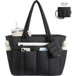 LOVEVOOK Puffer Tote Bag for Women Quilted Work Tote Handbags with Zipper 15.6 inch Teacher Nurse Bags for Office
