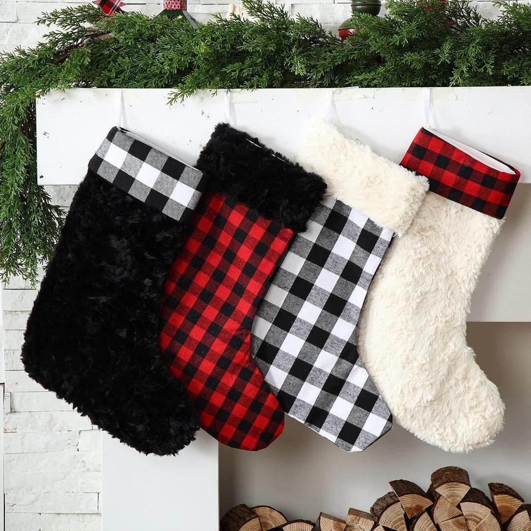 Lunmon 4 Pcs 18 Inch Buffalo Plaid Christmas Stocking with Plush Faux Fur Cuff Large Fireplace Christmas Stockings Rustic Farmhouse Hanging Ornaments Treat Gift Bag for Holiday Xmas Home Decor