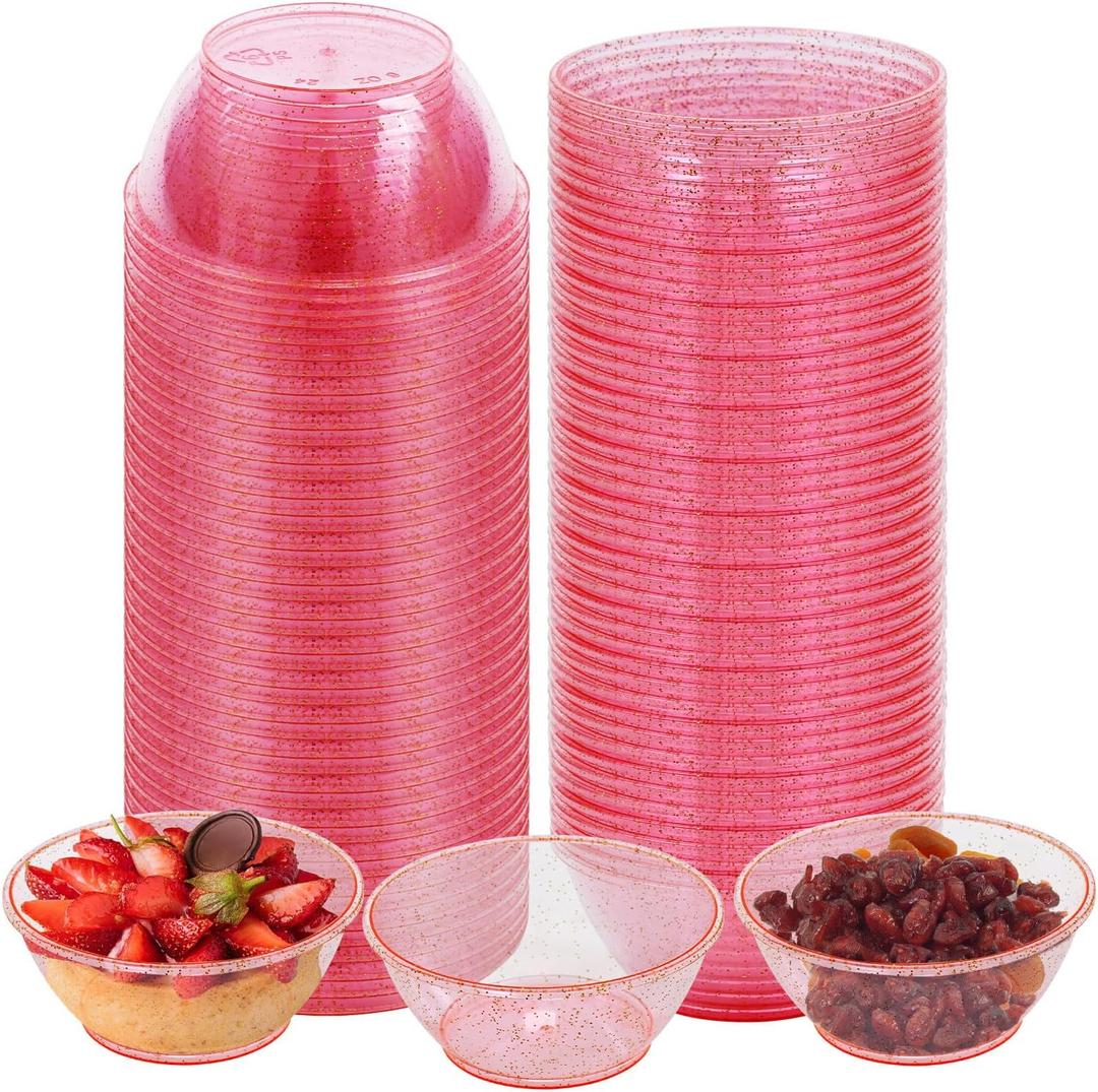 100Pack Mini Plastic Bowls - 6oz Disposable Hard Plastic Dessert Bowls for Serving, Premium Disposable Ice Cream Cup, Glittered Pink Snack Bowl for Parties, Serving Bowl Party Supplies(Pink)