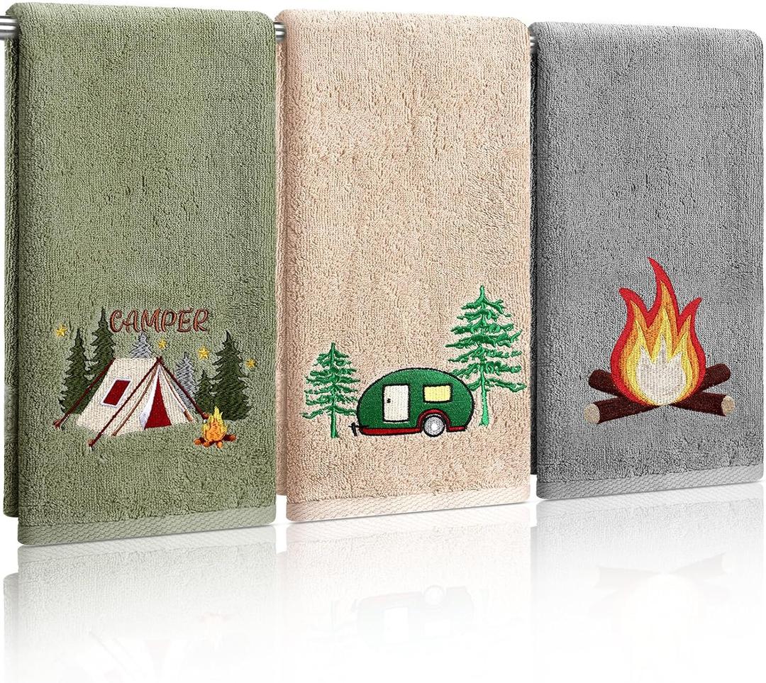 SmoothNovelty 3 Pcs Camping Hand Towels for Bathroom 100% Cotton Decorative Embroidered RV Hand Towels Farmhouse Campers Bathroom Decor 14 x 29 Inch Rustic Vintage Gifts for Camping RV Kitchen